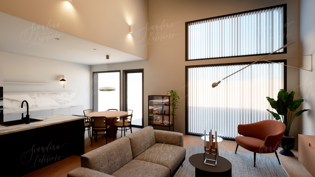 3D architectural visualization of Scandinavian interior design living room with neutral palette